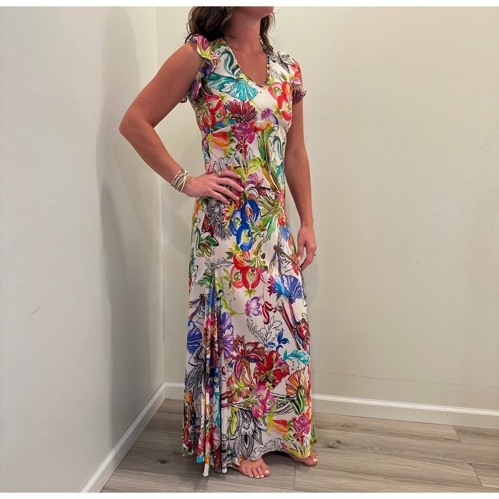 Alice + Olivia Floral Silk Blend Maxi Dress V-Neck Flutter Sleeve Multi Color 4